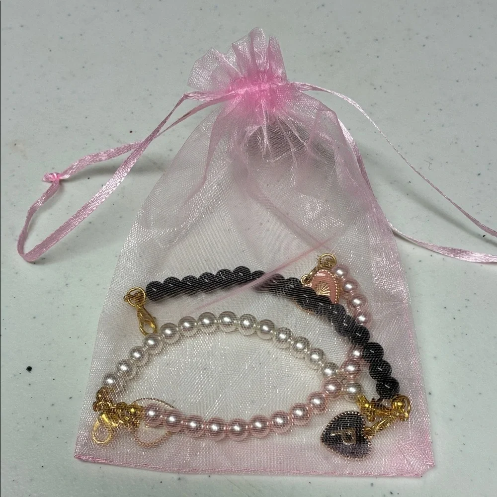 Girls Pearl Bracelet Set Pink Black White Heart Charm Initial P Gift
